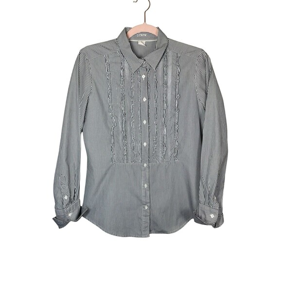 J.Crew Women’s Blue Striped Preppy Tuxedo Ruffle Front Button Down Shirt Blouse - Picture 2 of 10
